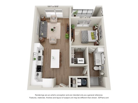 Floor plan for 1 bed, 1 bath, 739 sqft